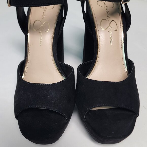 Jessica Simpson Black Suede Peep Toe Ultra High Block Heels Sz 8.5 - Picture 1 of 10